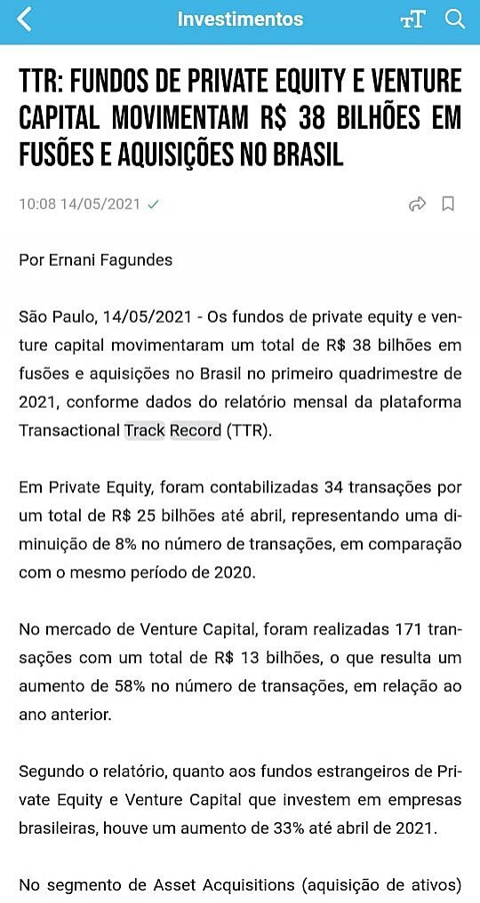 TTR: Fundos de private equity e venture capital movimentam R$ 38 bilhes em fuses e aquisies no Brasil